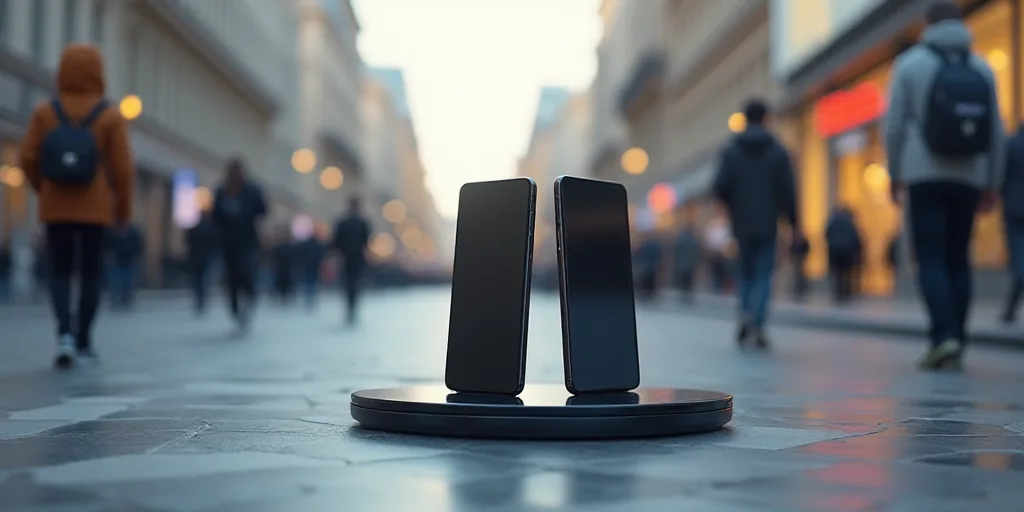 a couple of cell phones sitting on top of a stand next to each other on a street corner with people