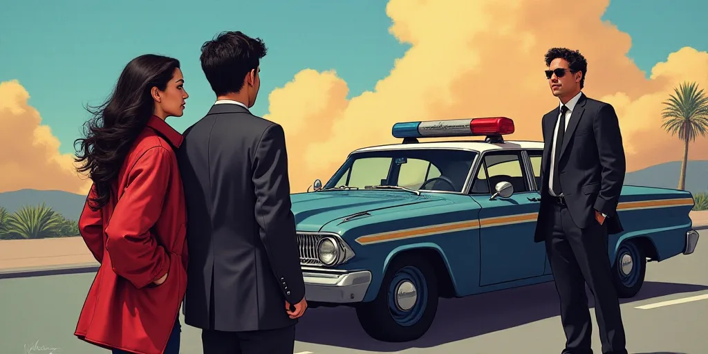 a couple of people standing next to a police car and a woman in a red jacket and a man in a black su