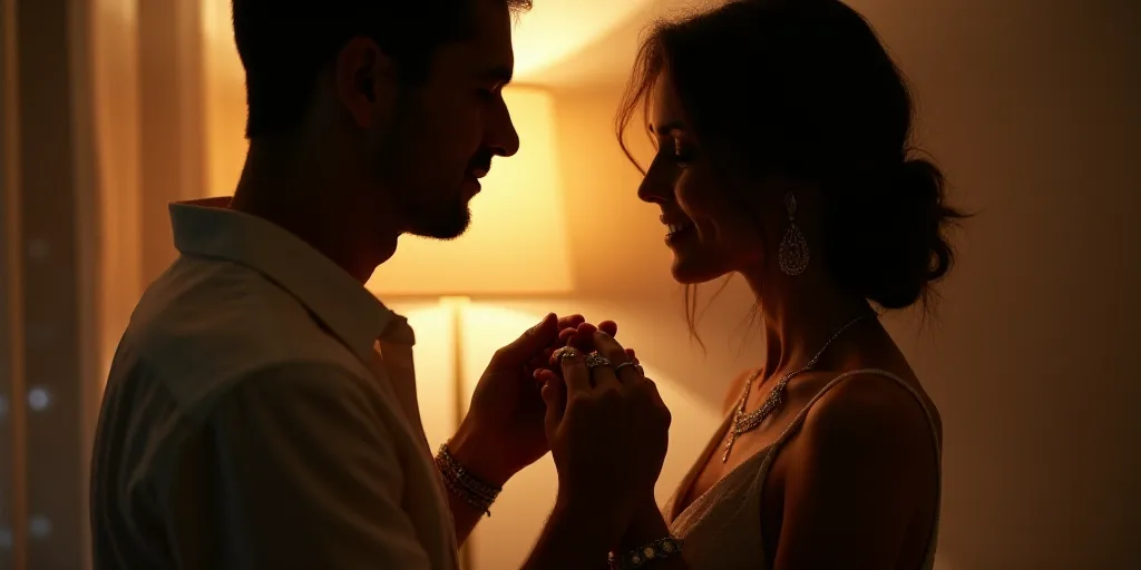 a couple of people that are putting on some rings together in a room with a light on them and a wall