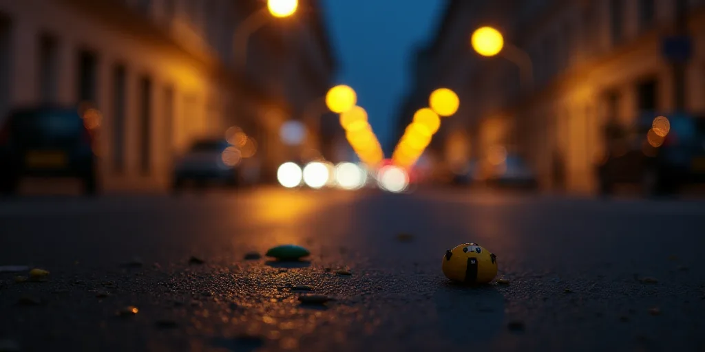 a couple of small objects on the ground in the street at night time with lights in the background an
