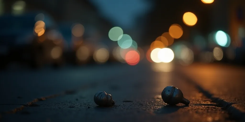 a couple of small objects on the ground in the street at night time with lights in the background an