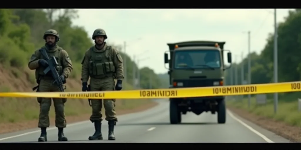 a couple of soldiers standing next to a truck on a road with a yellow tape in front of them, Estuard