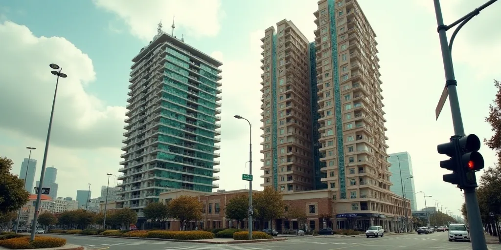 a couple of tall buildings sitting next to each other on a street corner with a traffic light in fro