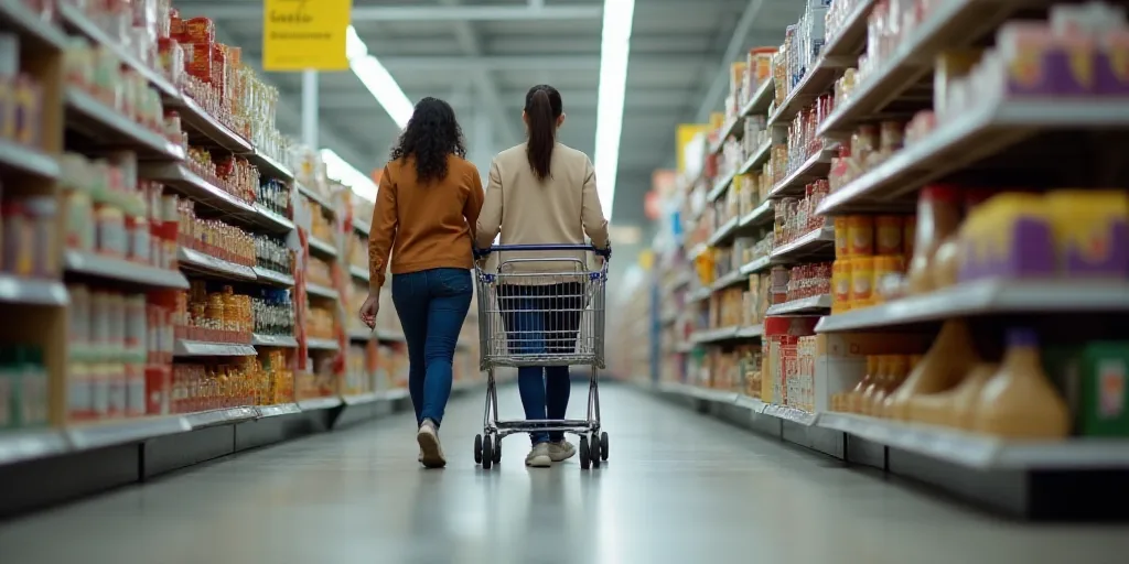 a couple of women pushing a shopping cart through a store aisle with a sign on the side of the aisle