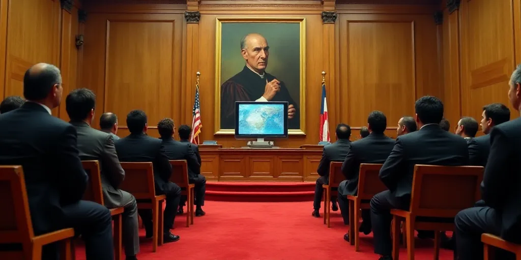a courtroom with people sitting in chairs watching a television screen and a painting on the wall be