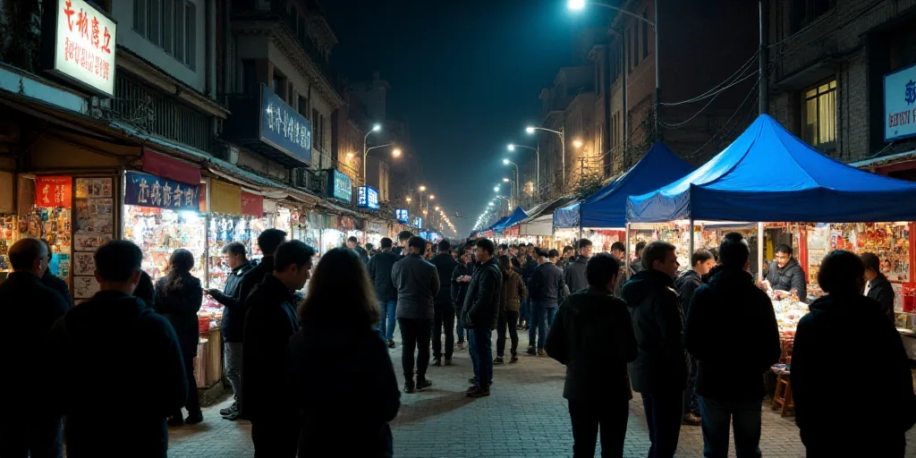 a crowd of people standing around a market area at night with signs on the walls and a blue tent, Cu