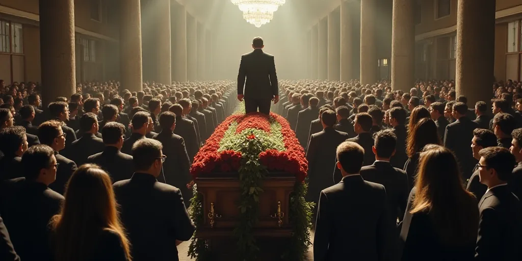 a crowd of people standing around a casket with flowers on it and a man in a suit standing at the to