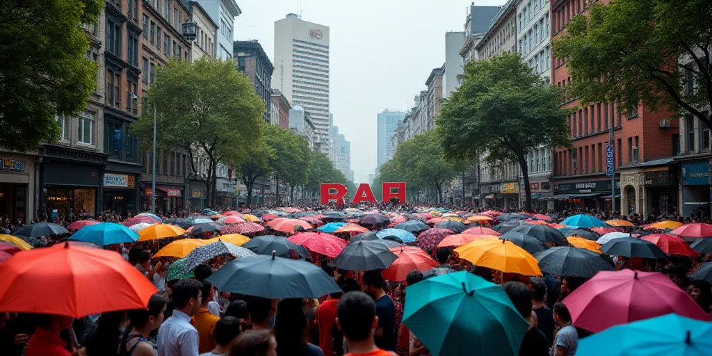 a crowd of people standing under umbrellas in a city street with buildings in the background and a s