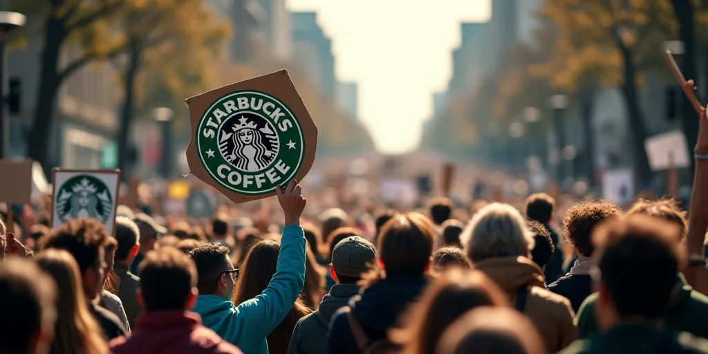 a crowd of people walking down a street holding signs and flags in the air with starbucks's logo on