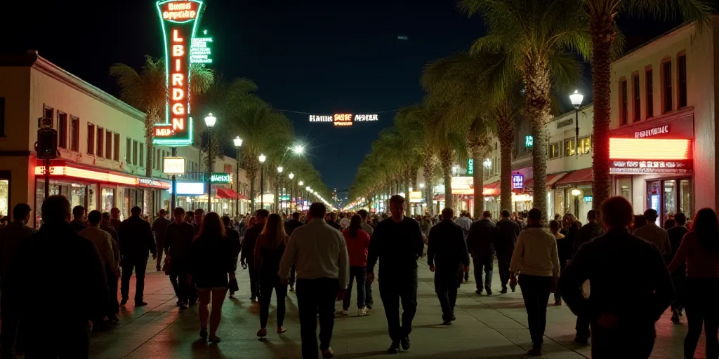a crowd of people walking down a street at night time with lights on the buildings and a street sign