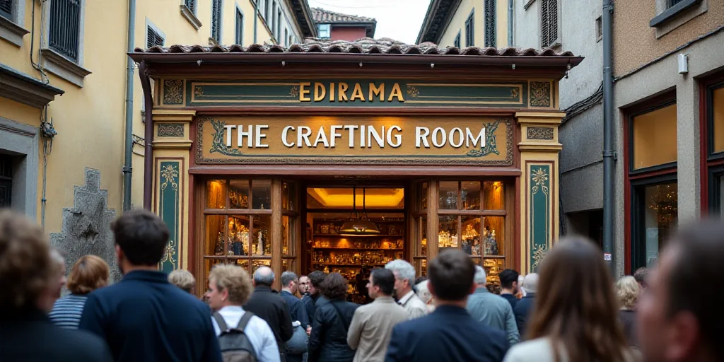 a crowd of people walking in front of a building with a sign that says the crafting room on it, Edi