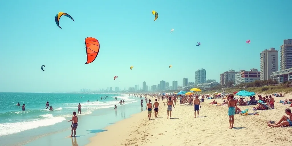 a crowded beach with people flying kites in the water and buildings in the background on a sunny day