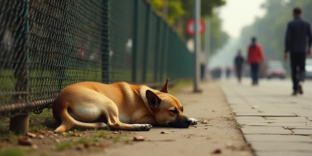 a dog is sleeping on the ground next to a fence and people walking on the sidewalk in the background