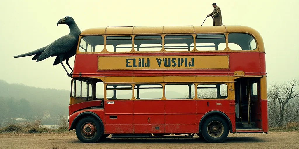 a double decker bus with a statue of a bird on the side of it and a man standing on the top of the b