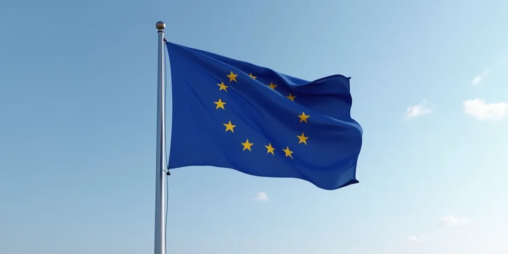 a european flag flying in the wind on a cloudy day with a blue sky in the background and a few yello