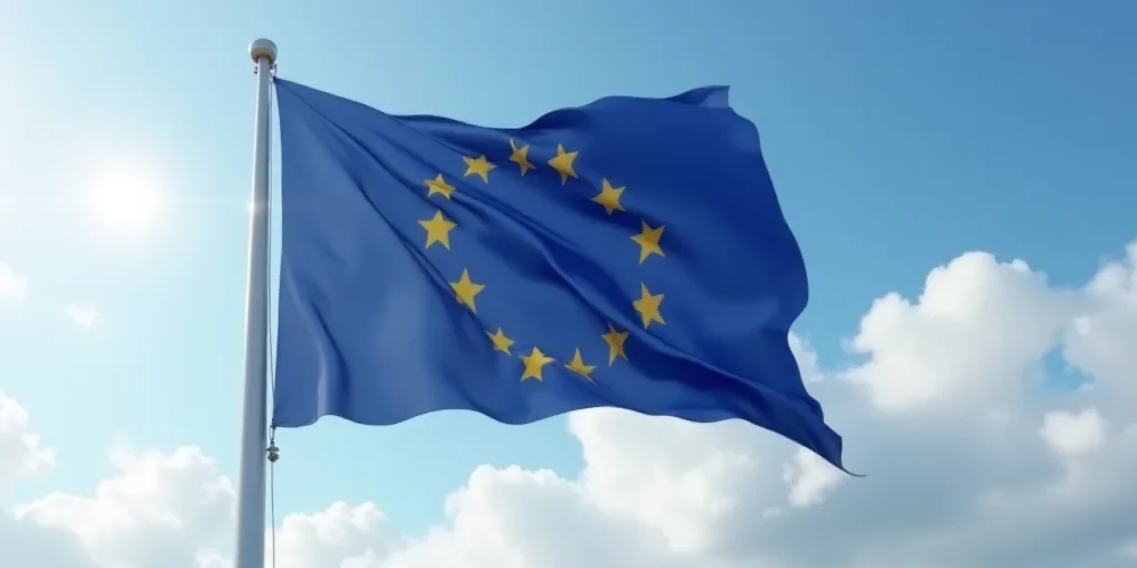 a european flag flying in the wind on a cloudy day with a blue sky in the background and a few yello