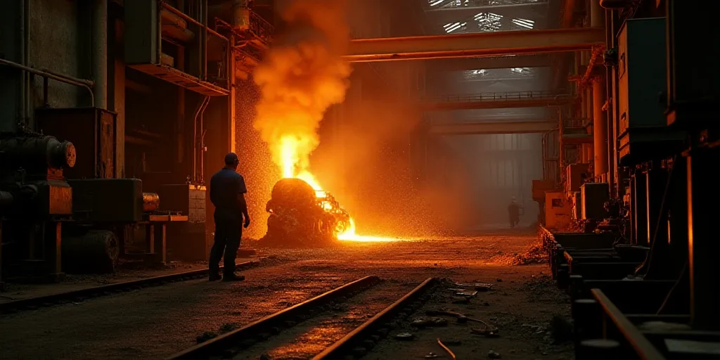 a factory with a lot of steel being poured in a furnace and a worker standing in the background look