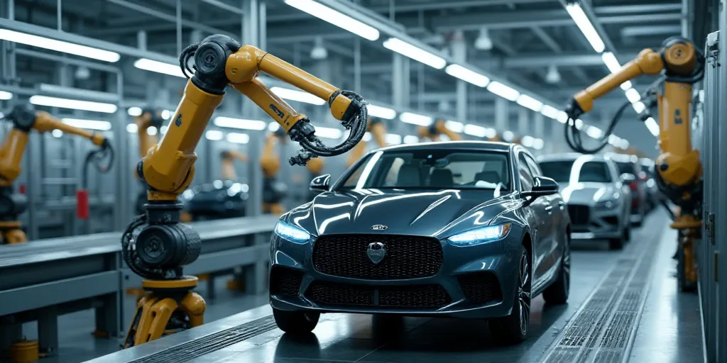 a factory with robots working on a car in the assembly line and a conveyor belt in the background, A