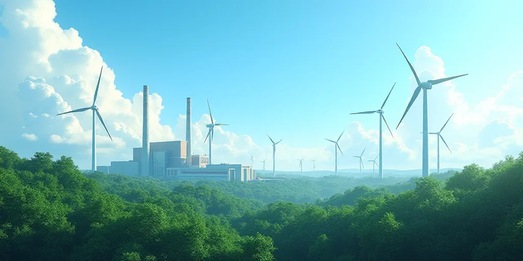 a factory with wind turbines in the background and a forest of trees in the foreground with a blue s