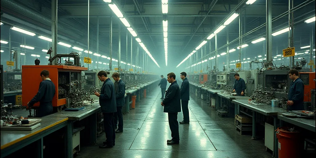 a factory with workers and workers working on machines and equipment in it's assembly area, with wor