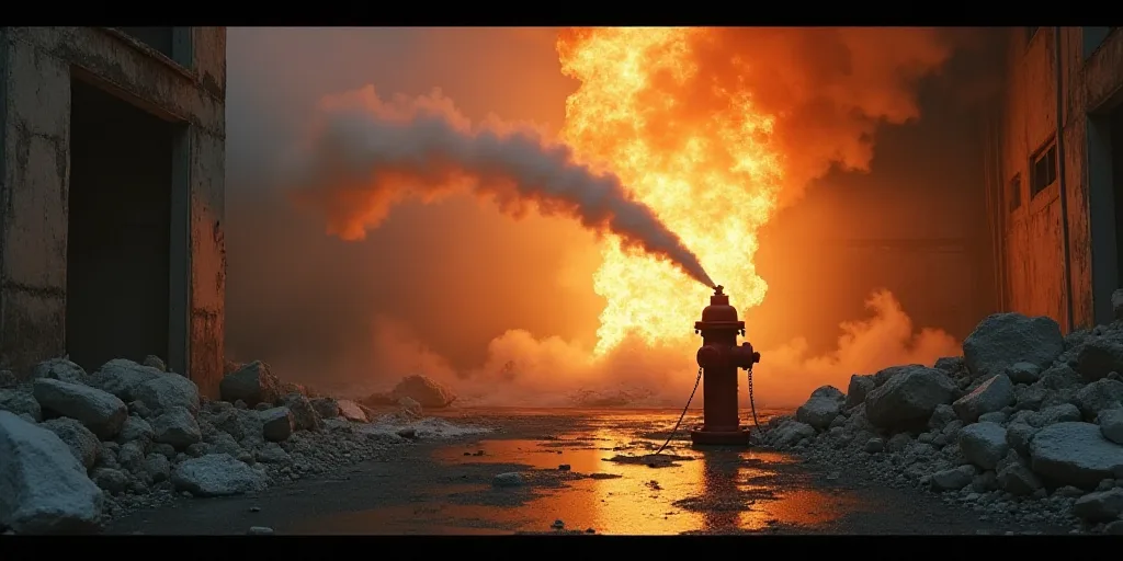 a fire hydrant spewing water into a fire in a building that is being demolished and filled with smok