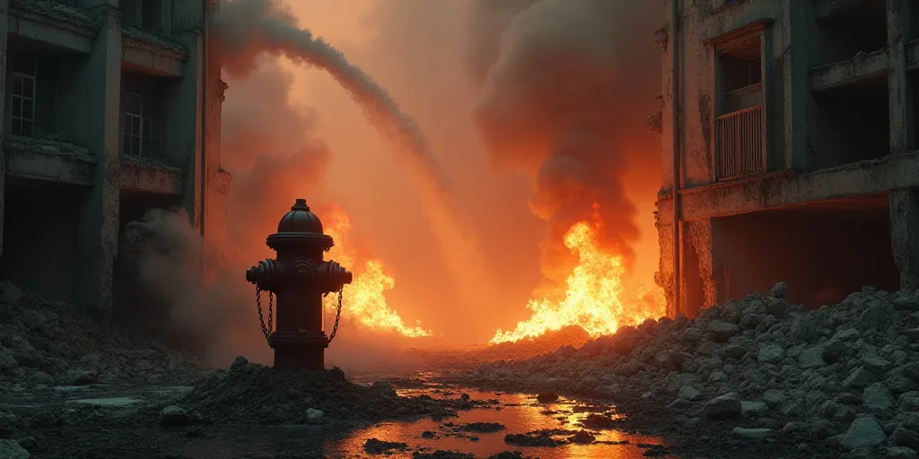 a fire hydrant spewing water into a fire in a building that is being demolished and filled with smok