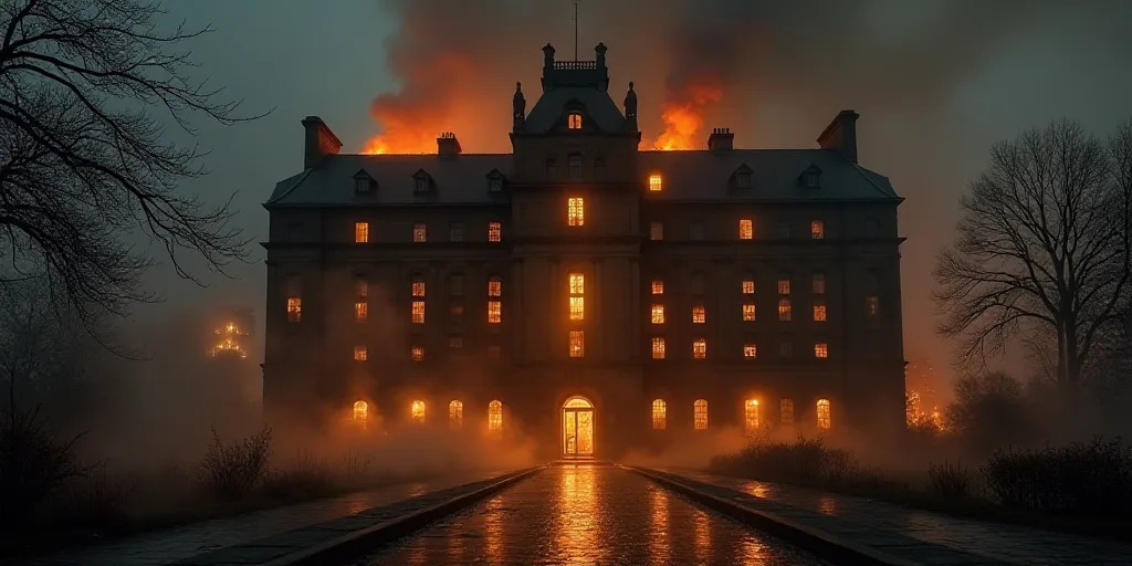 a fire is burning in a large building at night time with smoke coming out of the windows and a fire