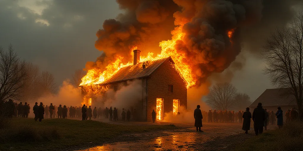a fire is raging out of a building with smoke coming out of it and people standing outside the build