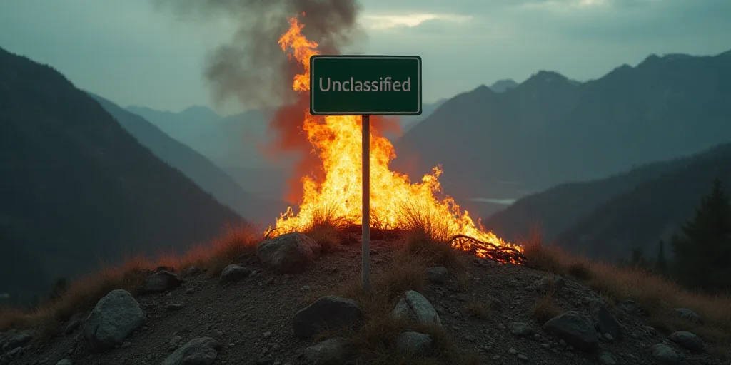 a fire is seen in the middle of a mountain with a green sign above it that reads unclassified, Dahlo