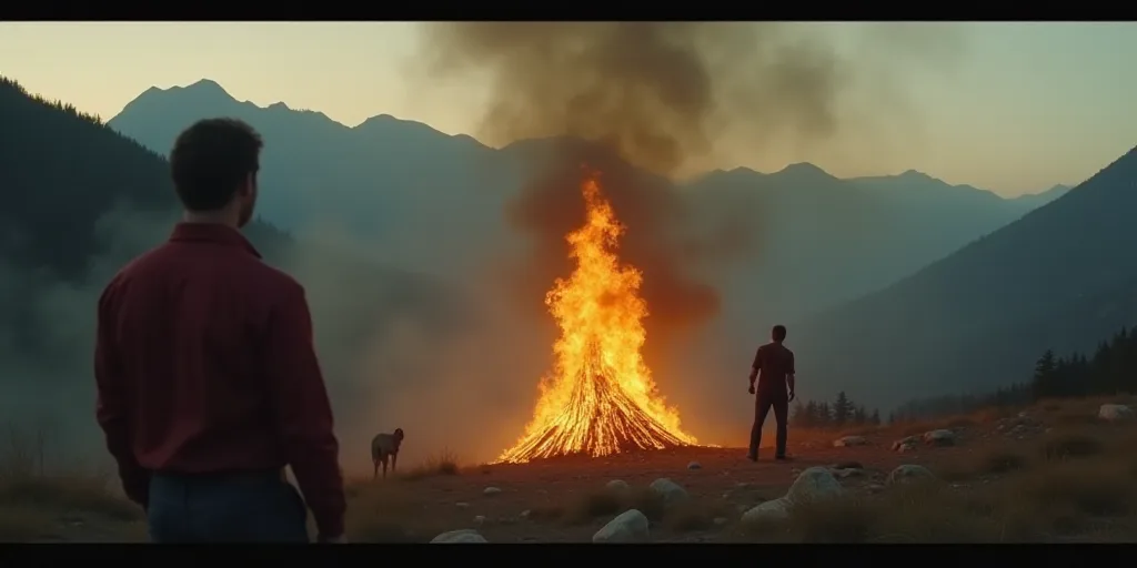 a fire is seen in the middle of a mountain with a man standing next to it and a man in a red shirt,