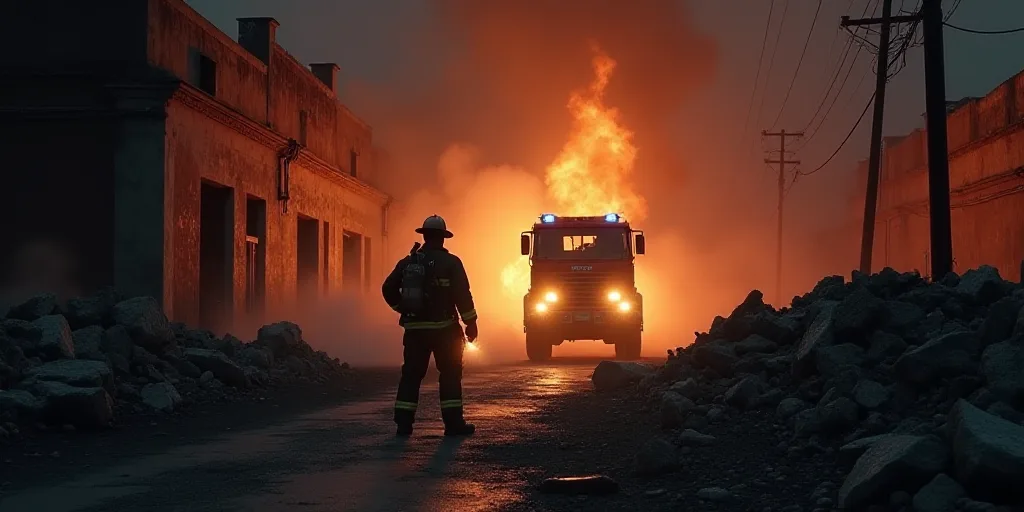 a fireman standing next to a pile of rubble at night with a flashlight in his hand and a fire truck