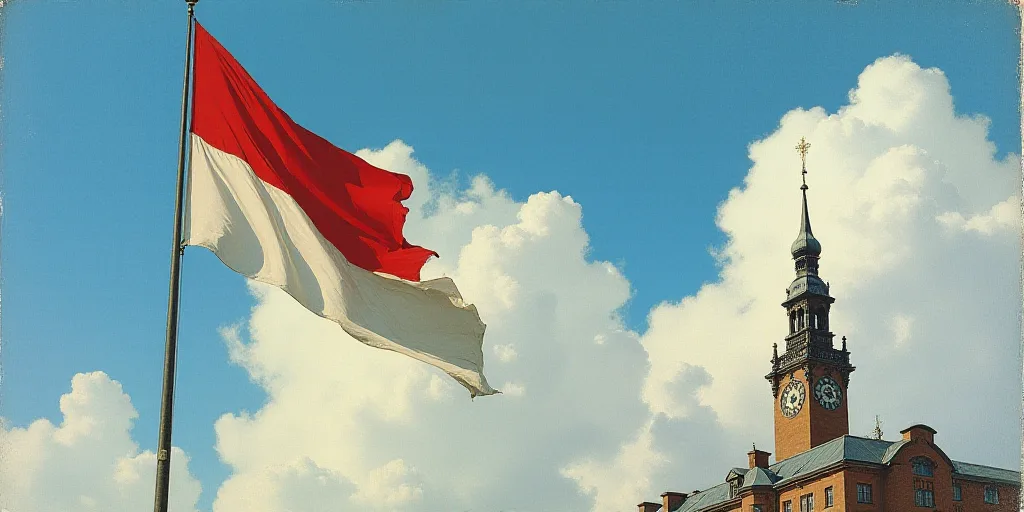 a flag flying high in the sky with a blue sky behind it and a building in the background with a cloc