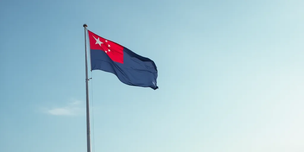 a flag flying high in the sky on a pole with a flag on top of it and a red and blue flag on the pole