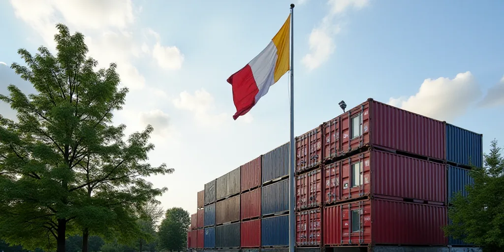 a flag flying in front of a container building with a tree in the foreground and a building with con
