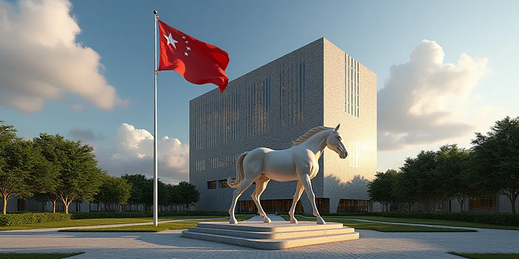 a flag flying in front of a tall building with windows in the background and a horse statue in the f