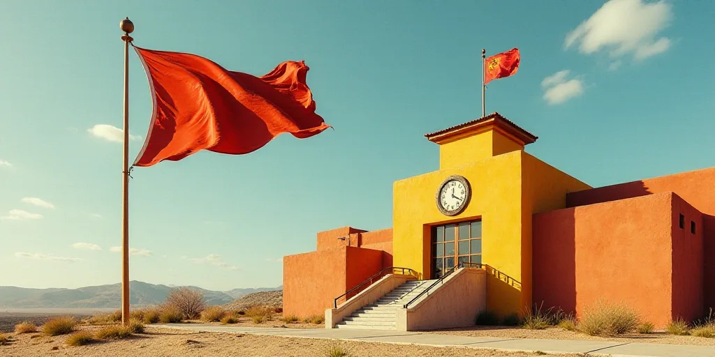 a flag flying in the wind next to a building with a clock on it's side and a flag on top, David Alfa
