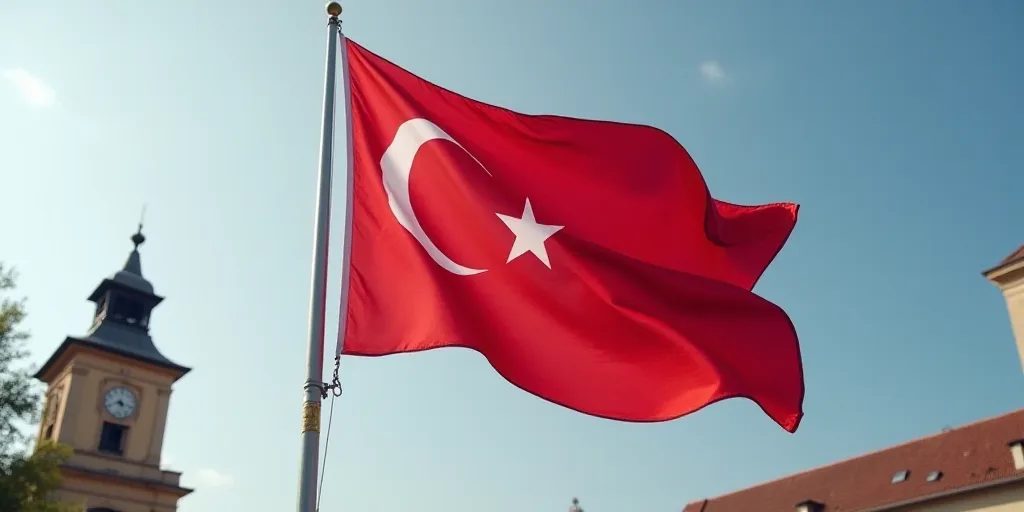 a flag flying in the wind with a sky background behind it and a building in the background with a cl