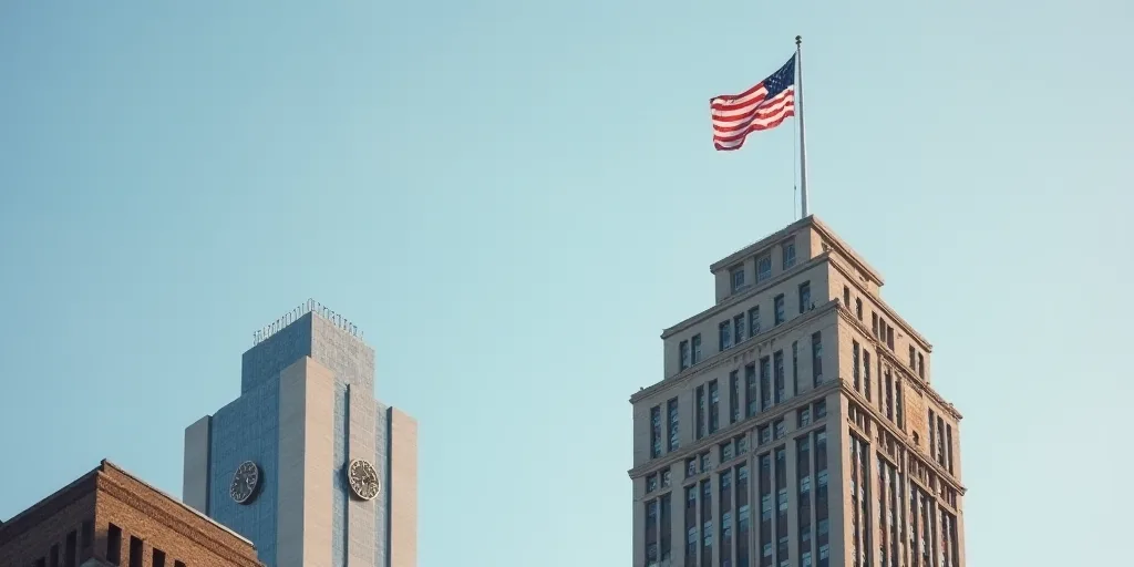 a flag flying on top of a building next to a tall building with a clock on it's side, Andries Stock,