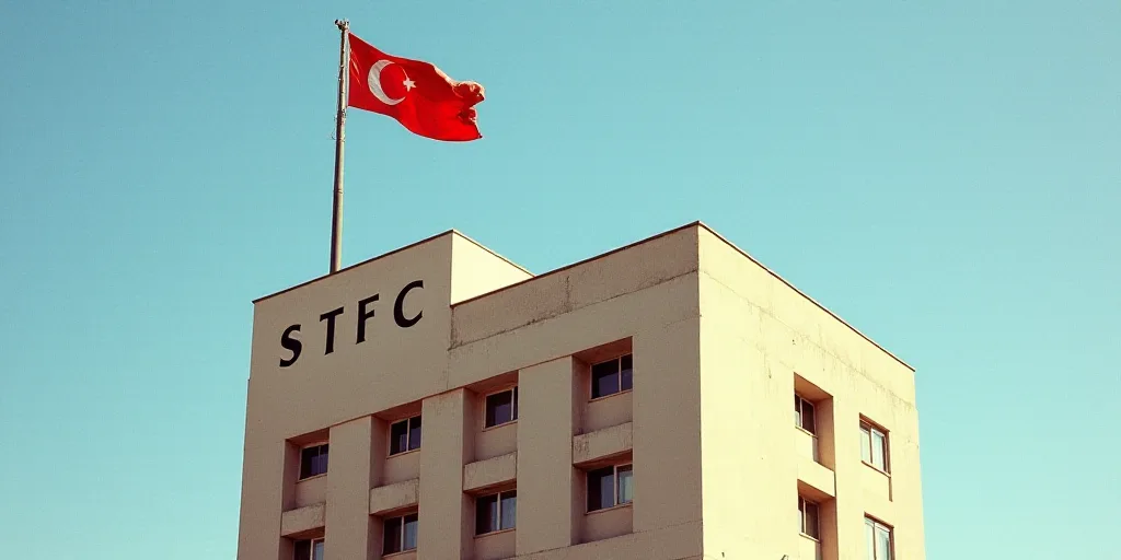 a flag flying on top of a building next to a sign that says stfc on it's side, David Alfaro Siqueiro