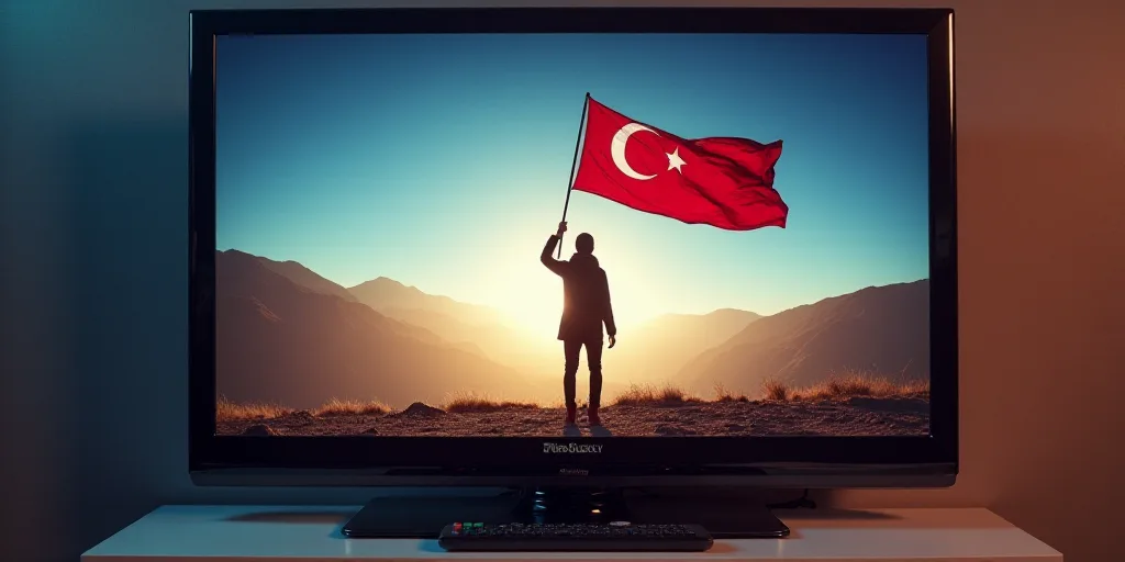 a flat screen tv with a person holding a flag on it's screen and a tv remote in front of it, Felix-K