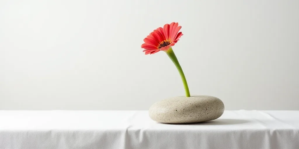 a flower that is on a rock on a tablecloth with a white background and a green stem on the rock, Cá
