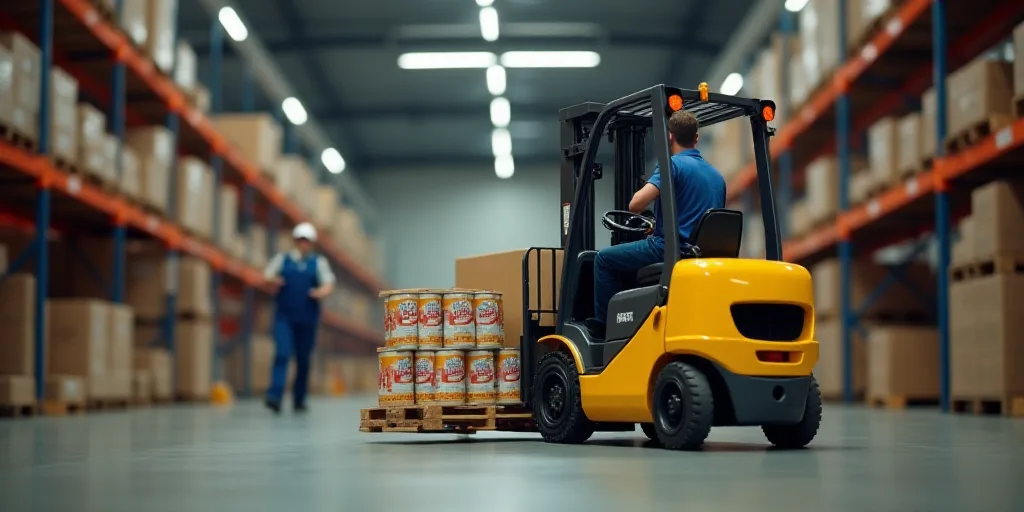 a forklift is moving boxes of canned food in a warehouse with workers in the background and a worker