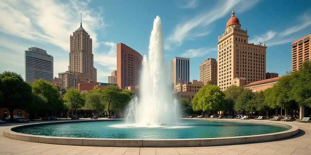 a fountain in the middle of a city with skyscrapers in the background and a sky scraper in the foreg