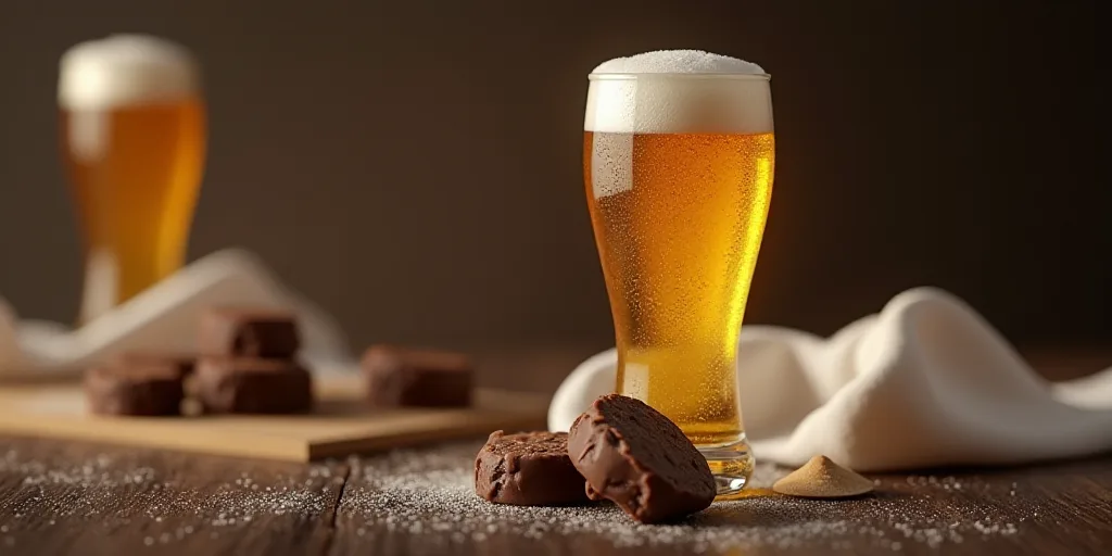 a glass of beer and some chocolates on a table with a cloth and a glass of beer in the background, C