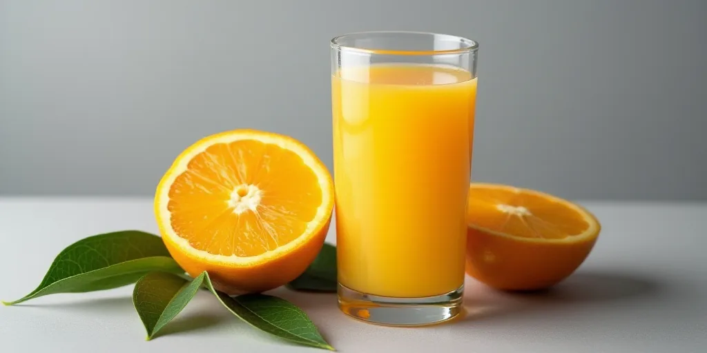 a glass of orange juice next to a sliced orange and leaves on a gray background with a green leaf, A