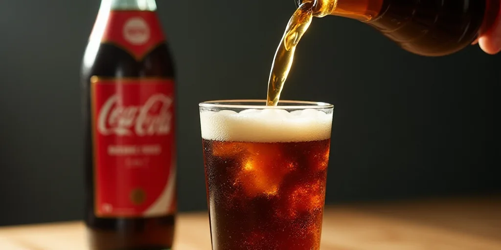 a glass of soda being poured into it with a bottle of beer in the background and a bottle of beer be