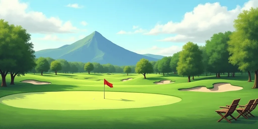 a golf course with a flag and chairs in the background and a golf course in the foreground with a mo