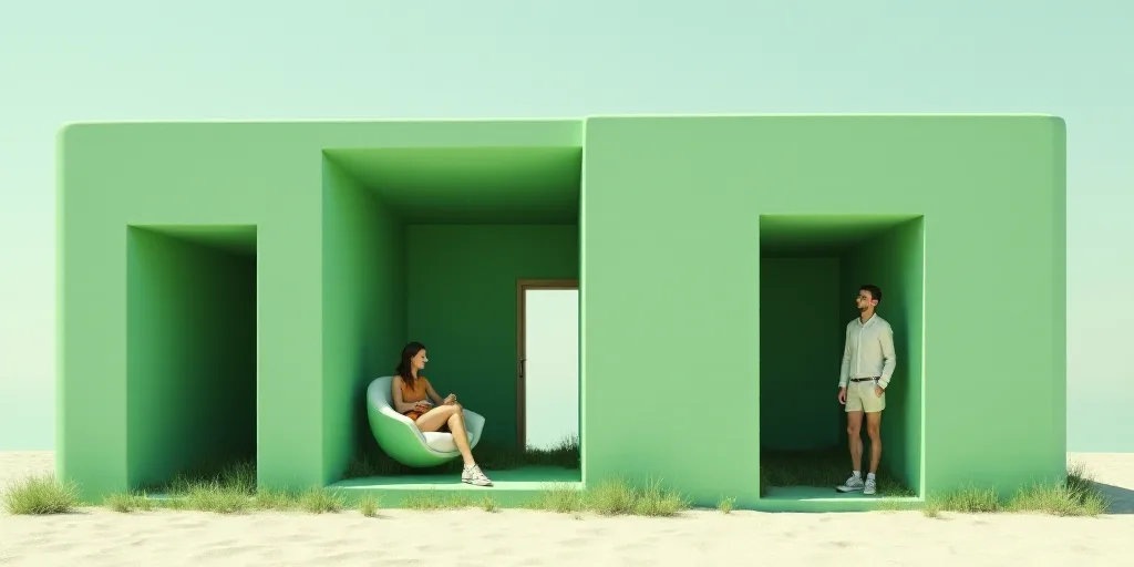 a green and white building with a woman sitting in a chair in the doorway of it and a man standing i