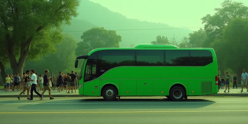 a green bus is parked on the side of the road as people walk by it and a man is walking away, Aquira