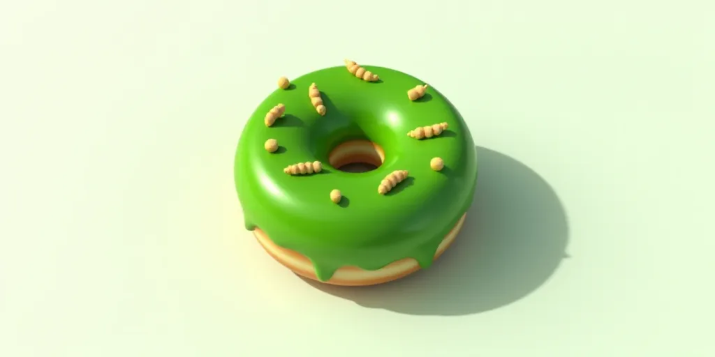 a green donut with nuts on top of it on a white surface with a shadow of the donut, Art Green, green